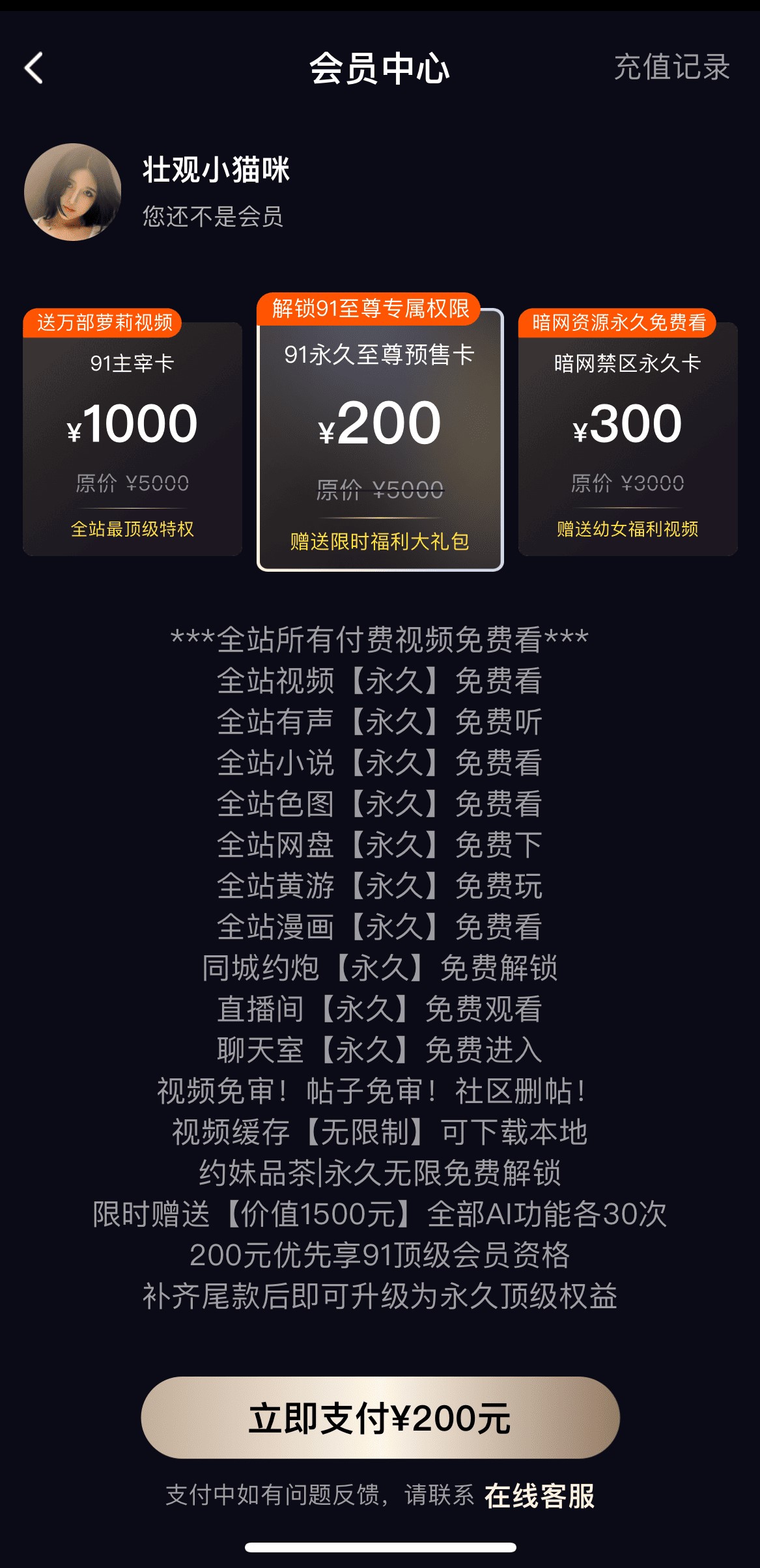 91PO会员开通页面VIP套餐权益对比卡片